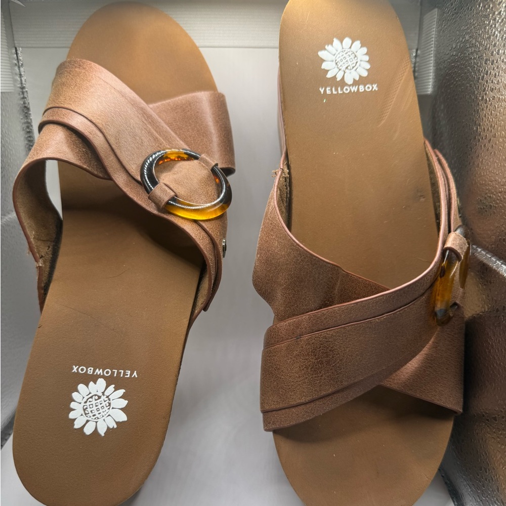 Yellow Box Brown Slide Sandals with Tortoise Accent Buckle